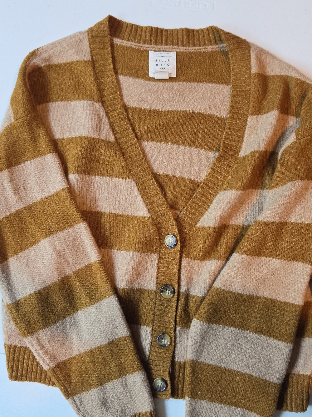 Billabong Striped V-Neck Button Cardigan - Mustard & Peach